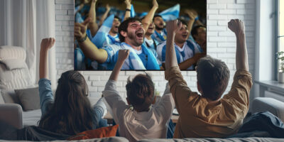 family cheering watching world cup home